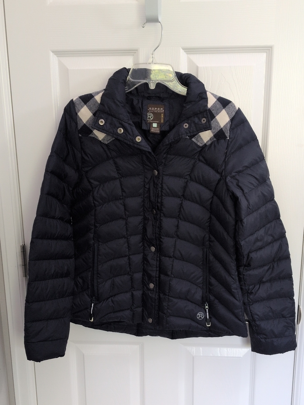Roper Range Gear Navy Blue Quilted Down Puffer Jacket With Flannel Accents - M